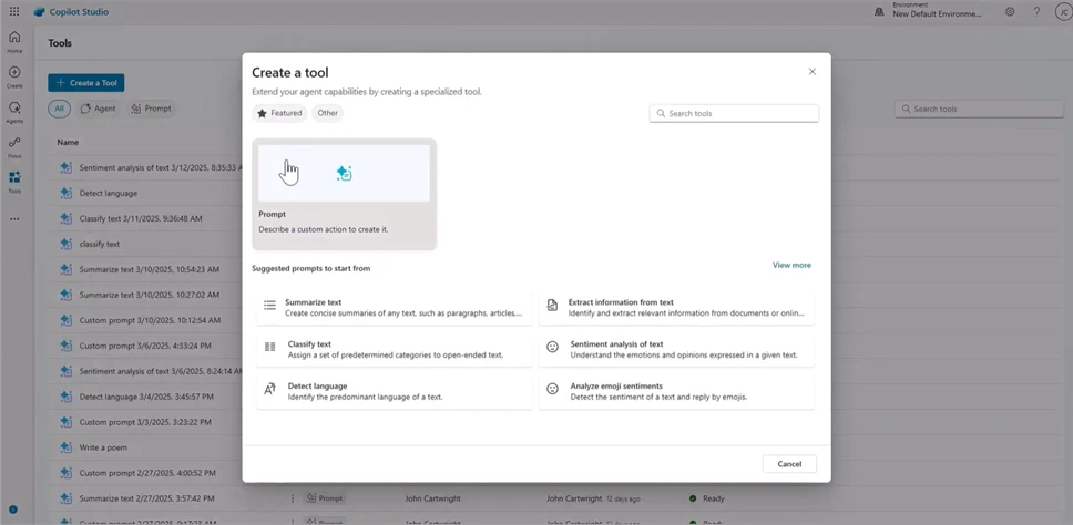 Tools and prompts inside Copilot Studio